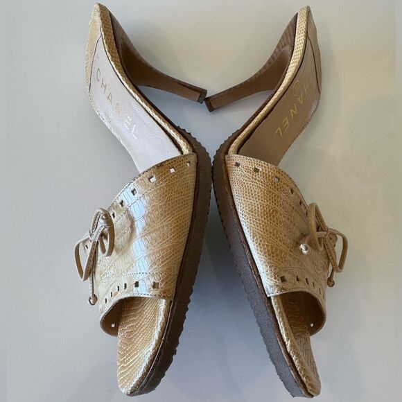 Chanel CC Logo Bow Beige Tan Leather Pastel Kitten Heels EU 36.5 US 6.5 Vintage - Picture 4 of 10